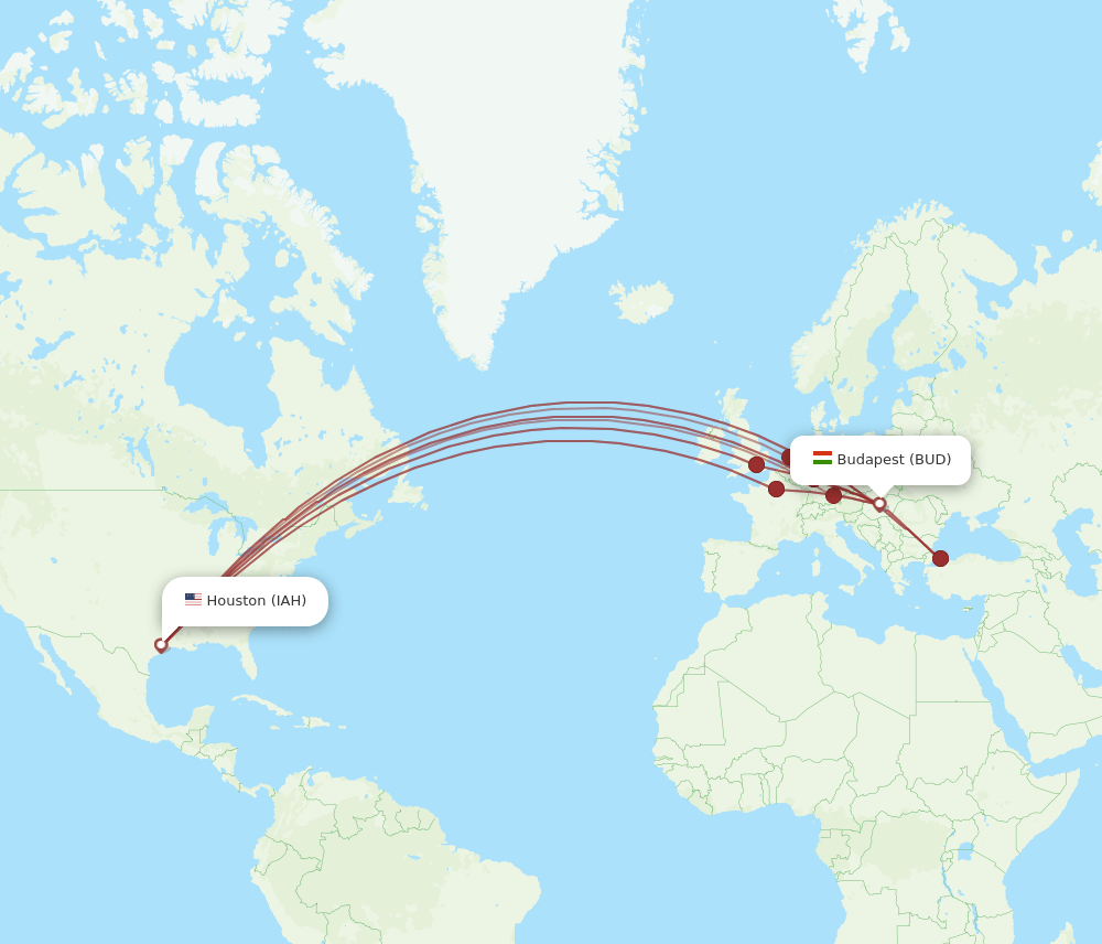BUD-IAH flight routes