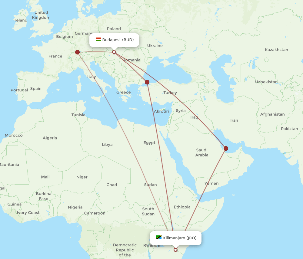 BUD to JRO flights and routes map