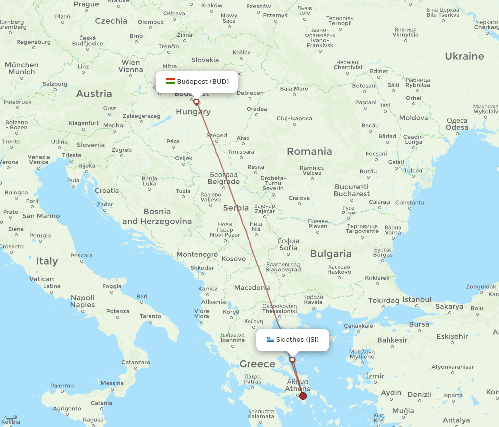 Budapest - Skiathos route map and flight paths