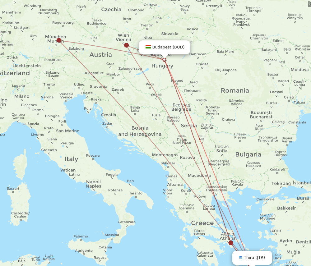 BUD-JTR flight routes
