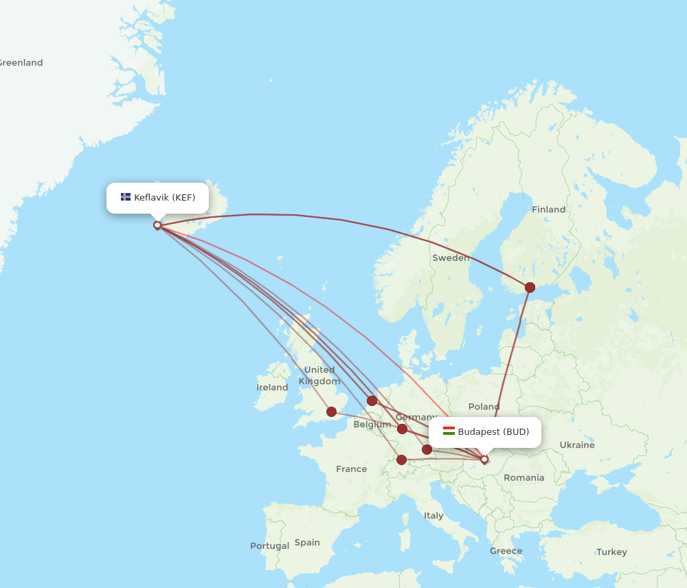BUD to KEF flights and routes map
