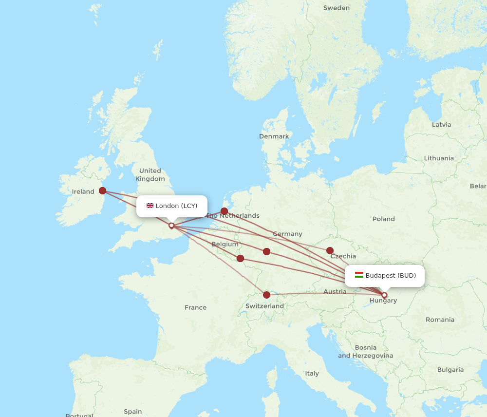 BUD to LCY flights and routes map