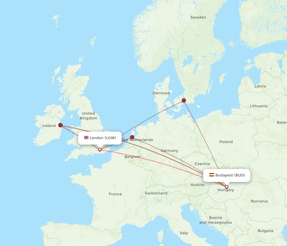 BUD to LGW flights and routes map