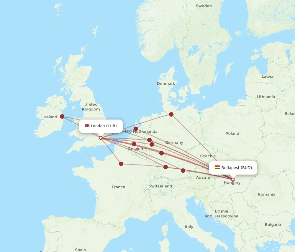 BUD to LHR flights and routes map