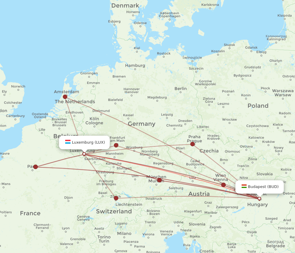 BUD to LUX flights and routes map