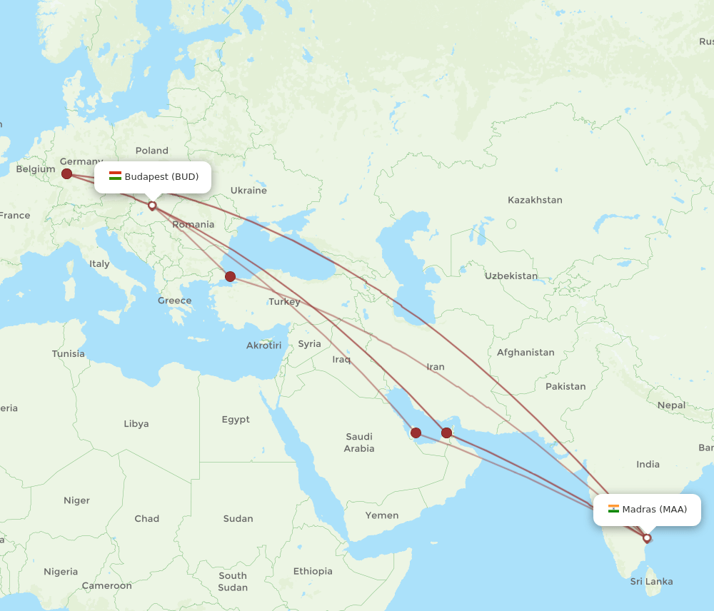 BUD to MAA flights and routes map