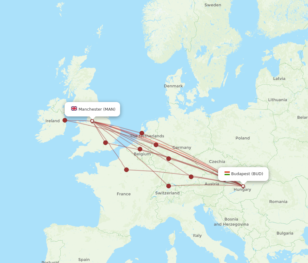 BUD to MAN flights and routes map