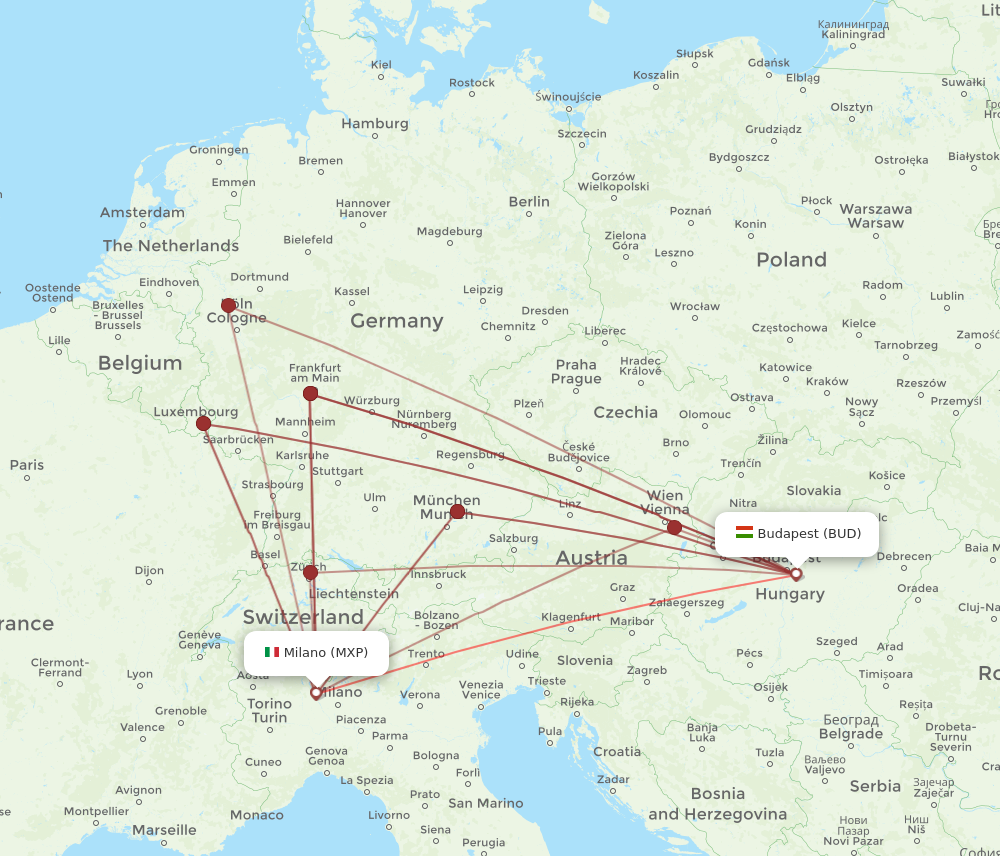 BUD to MXP flights and routes map