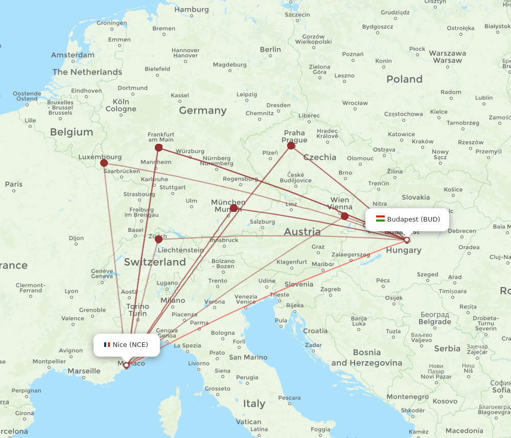 BUD to NCE flights and routes map