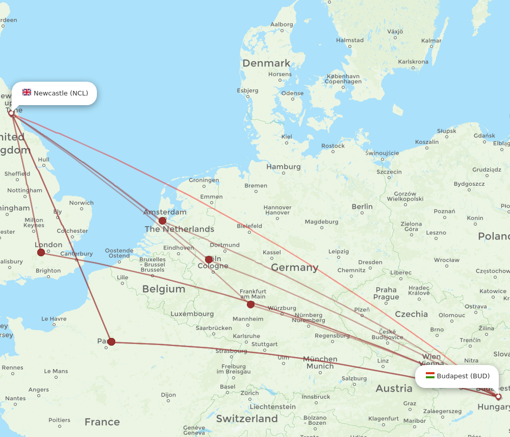 BUD to NCL flights and routes map