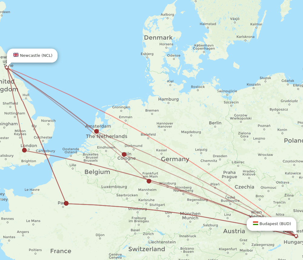 BUD-NCL flight routes