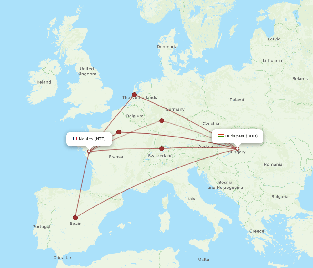 BUD to NTE flights and routes map