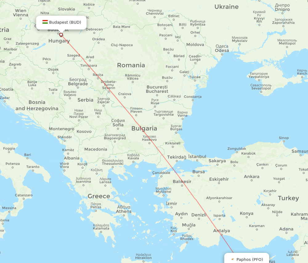 BUD to PFO flights and routes map