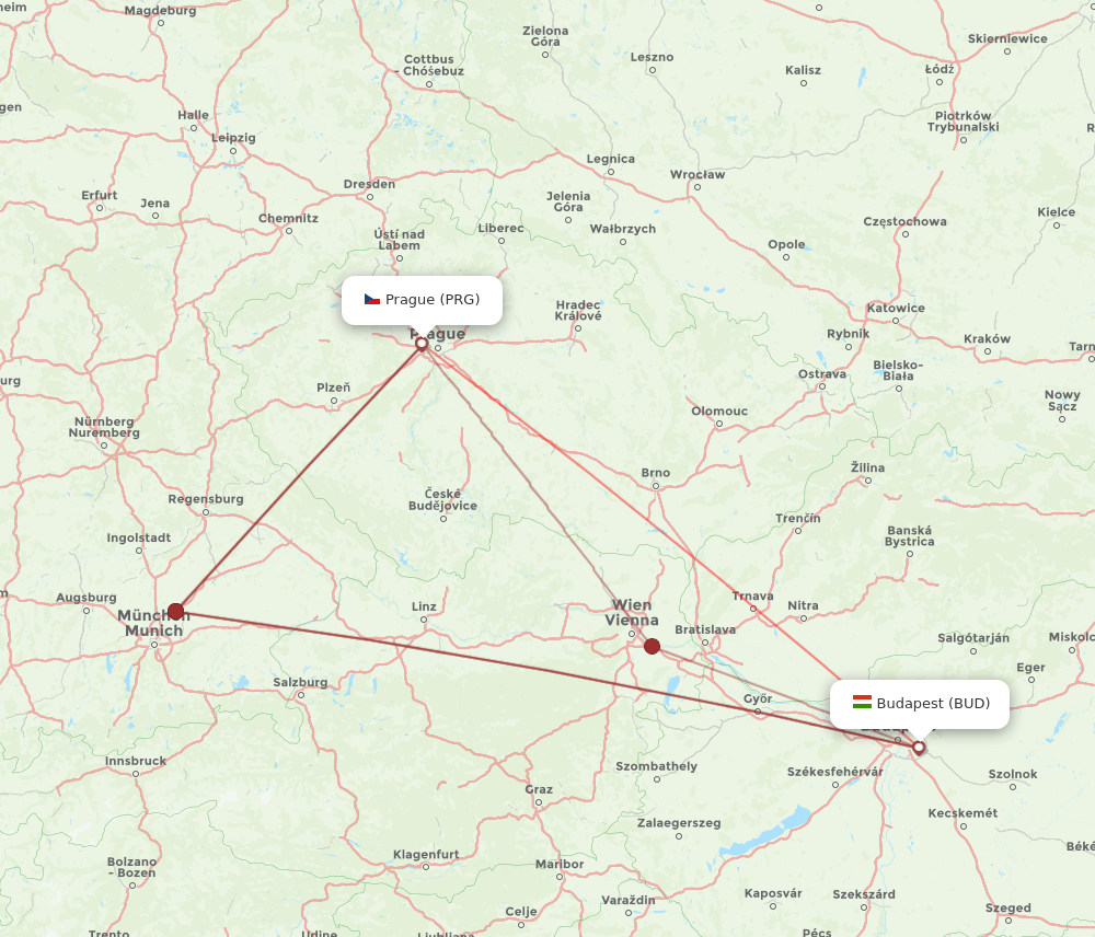 BUD to PRG flights and routes map