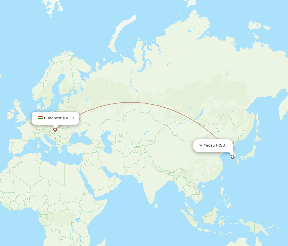 Yeosu - Budapest route map and flight paths