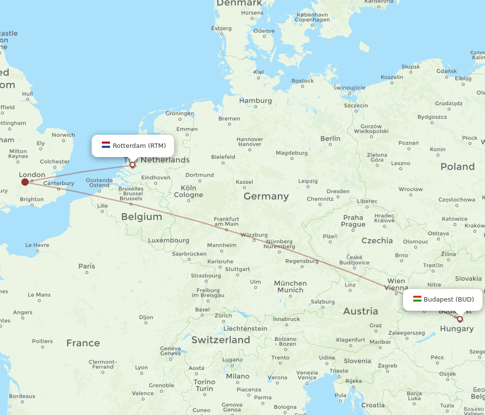 BUD to RTM flights and routes map