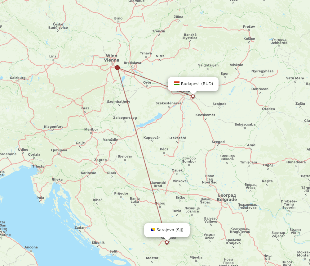 BUD to SJJ flights and routes map