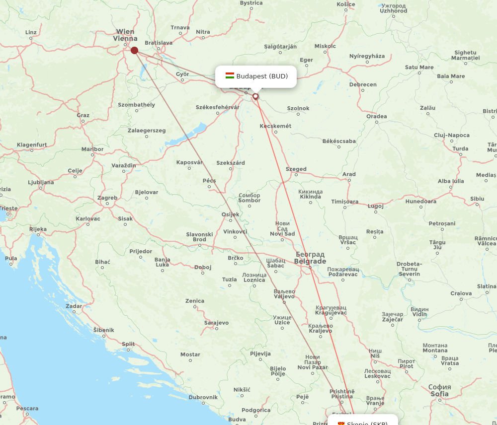 BUD to SKP flights and routes map