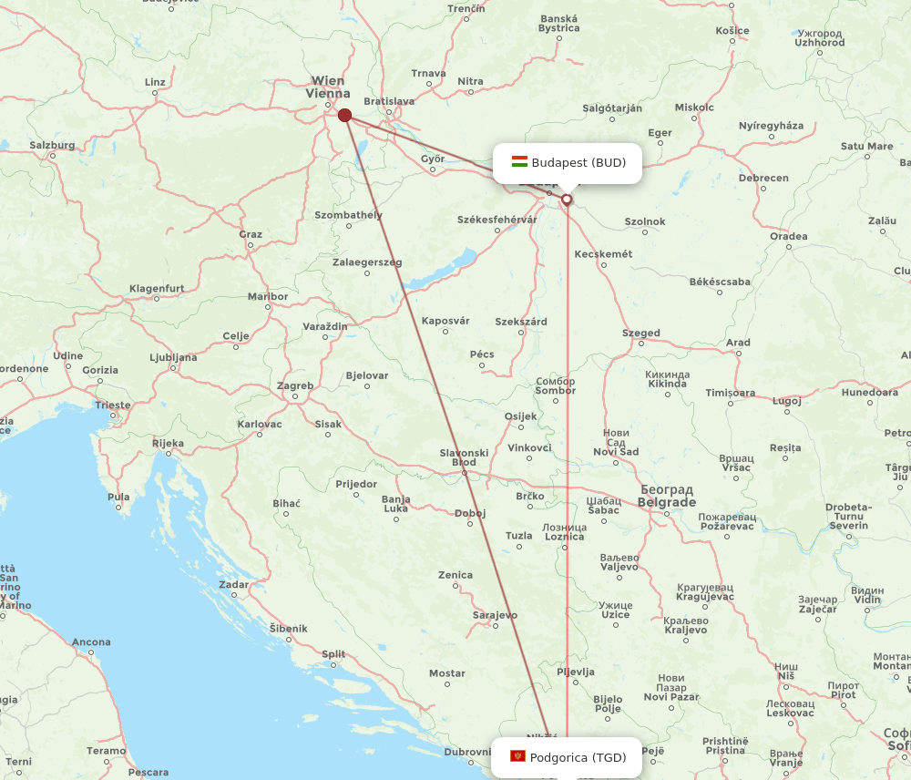 BUD-TGD flight routes