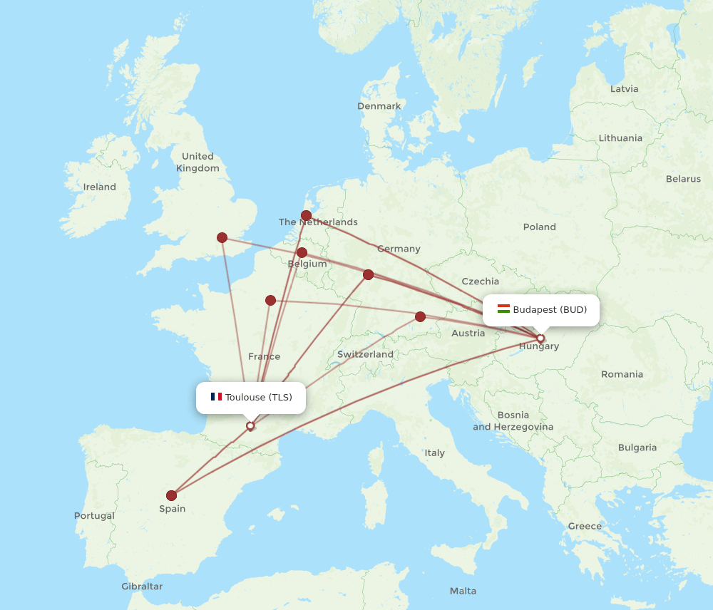 BUD to TLS flights and routes map