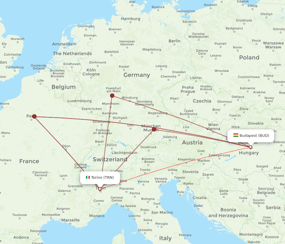 BUD to TRN flights and routes map