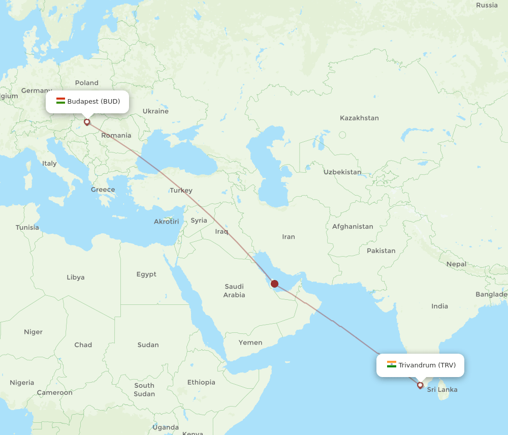 BUD to TRV flights and routes map
