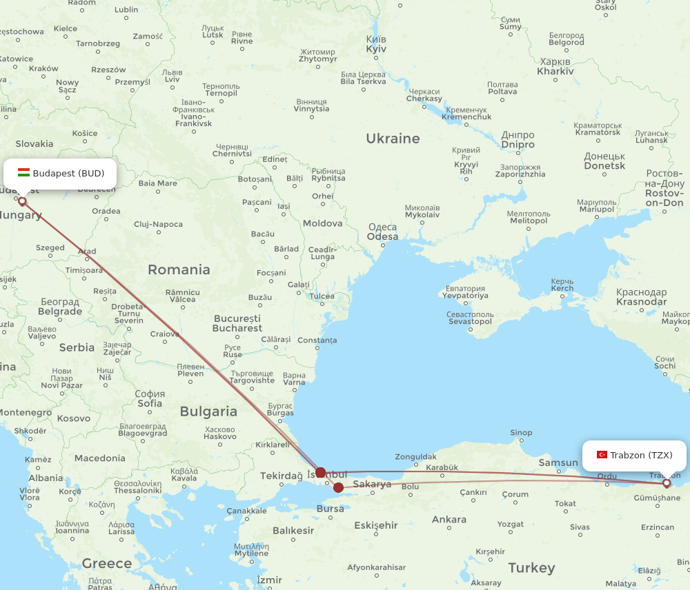 BUD to TZX flights and routes map