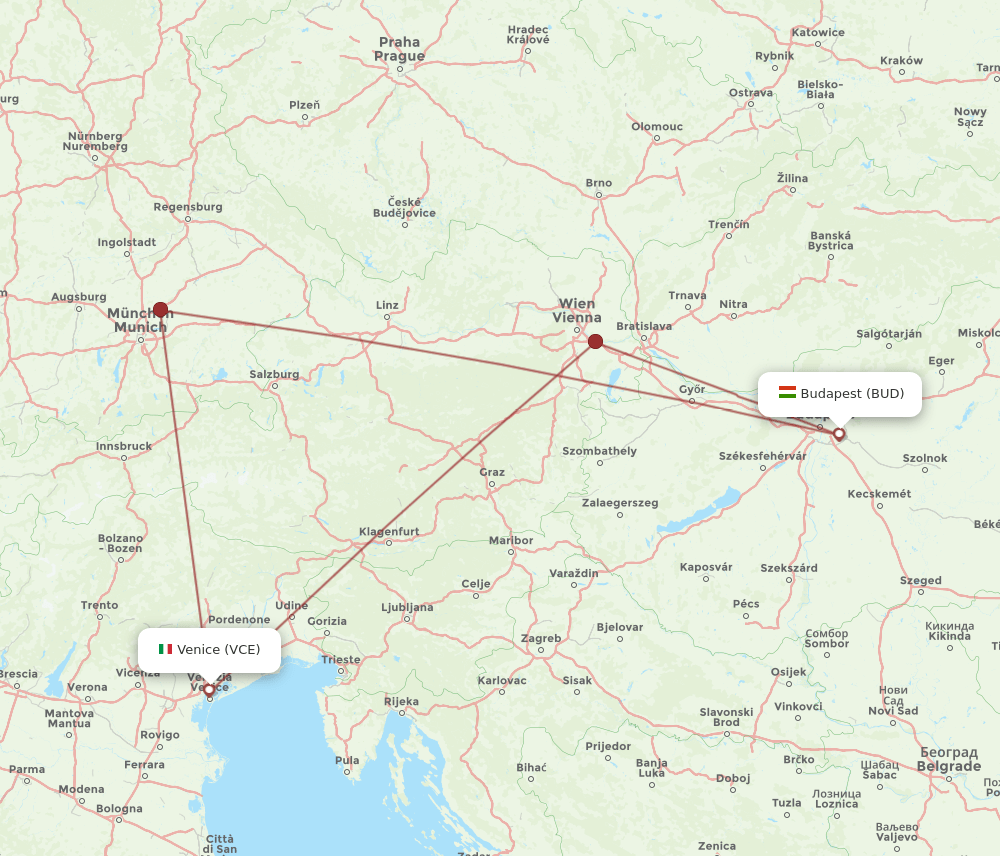 BUD to VCE flights and routes map