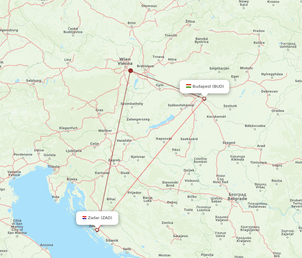 Zadar - Budapest route map and flight paths