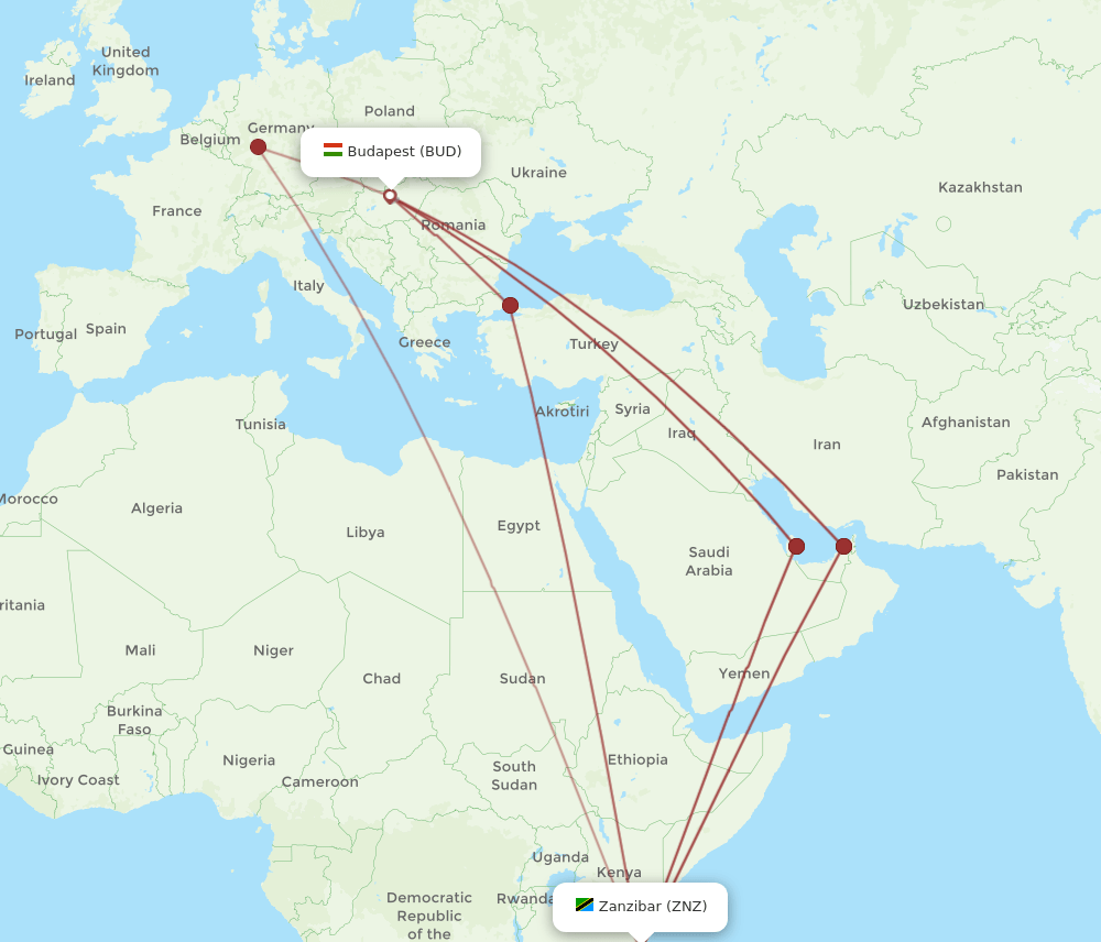 BUD to ZNZ flights and routes map
