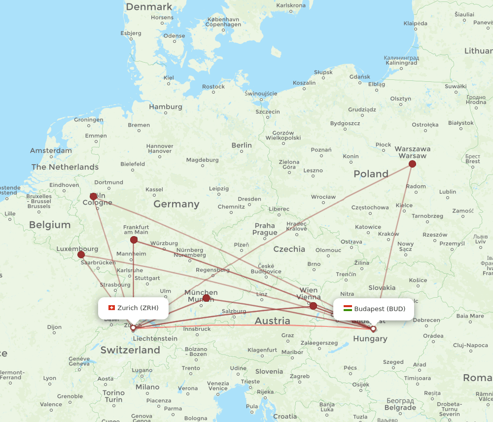 BUD to ZRH flights and routes map