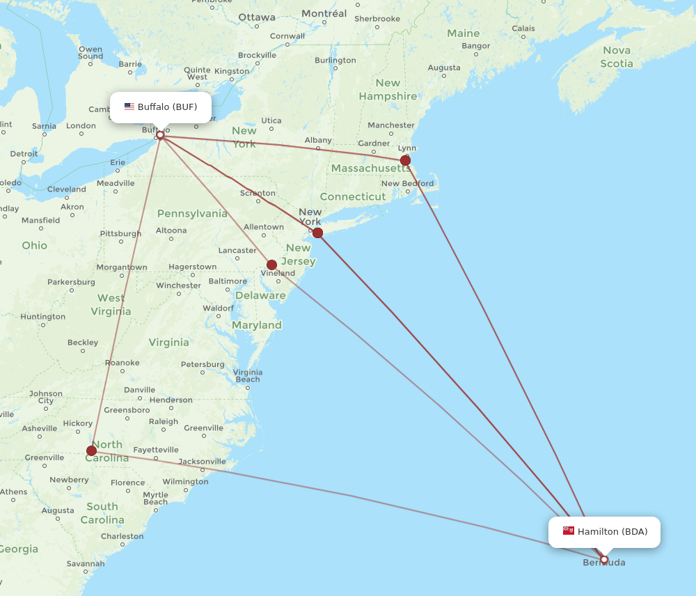 BUF to BDA flights and routes map