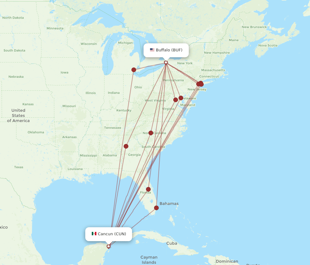 BUF to CUN flights and routes map