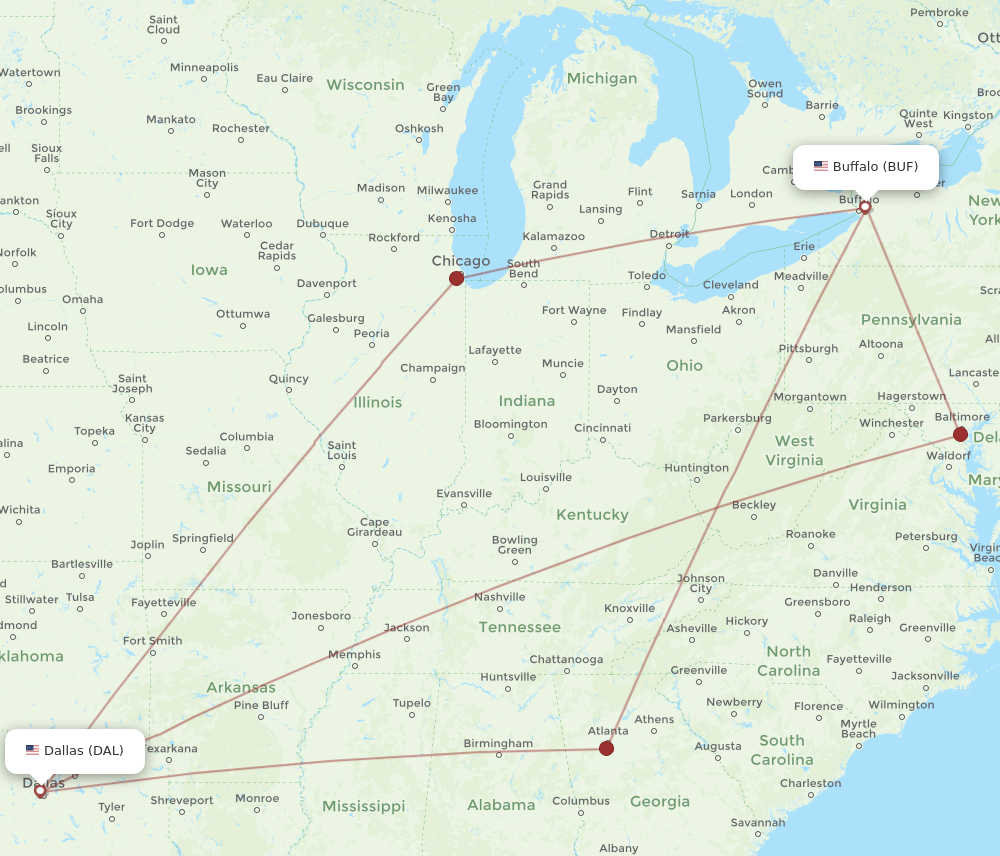 BUF to DAL flights and routes map