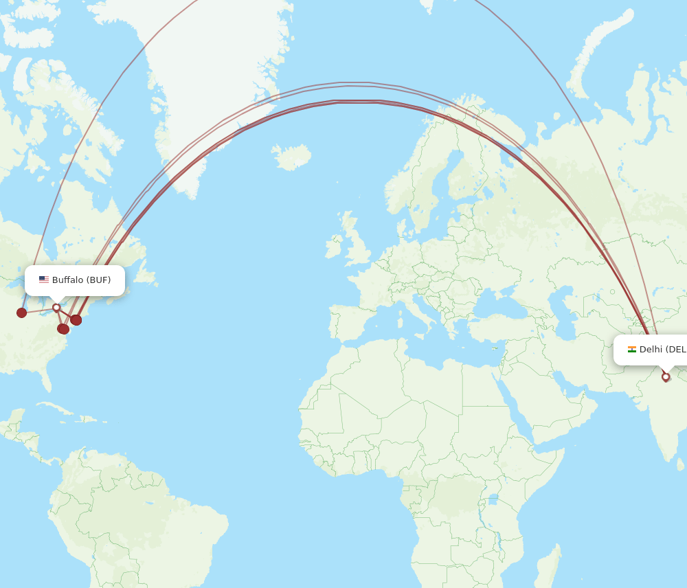 BUF to DEL flights and routes map