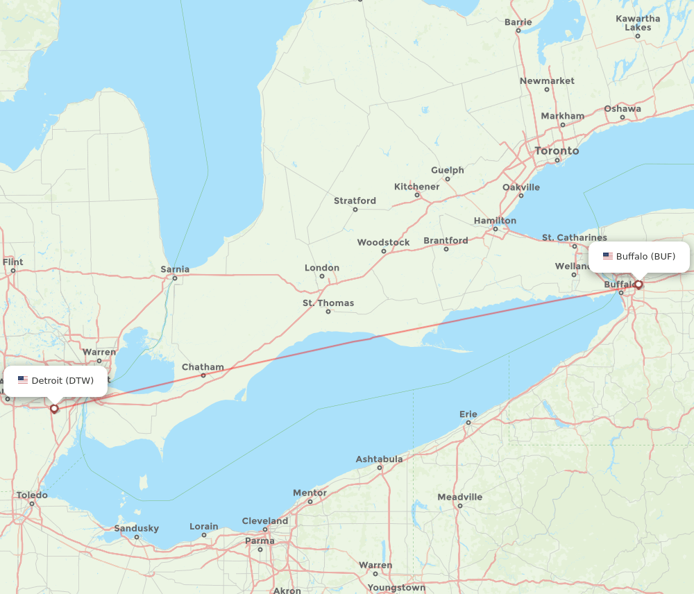 Buffalo - Detroit route map and flight paths