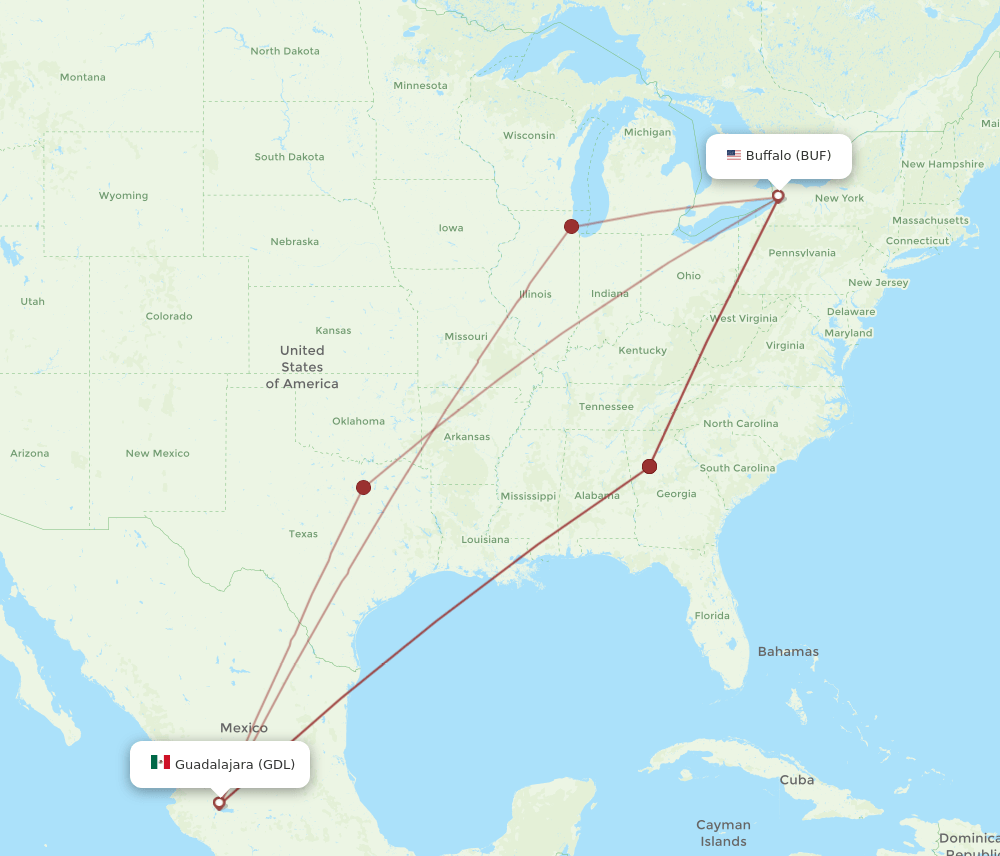BUF-GDL flight routes