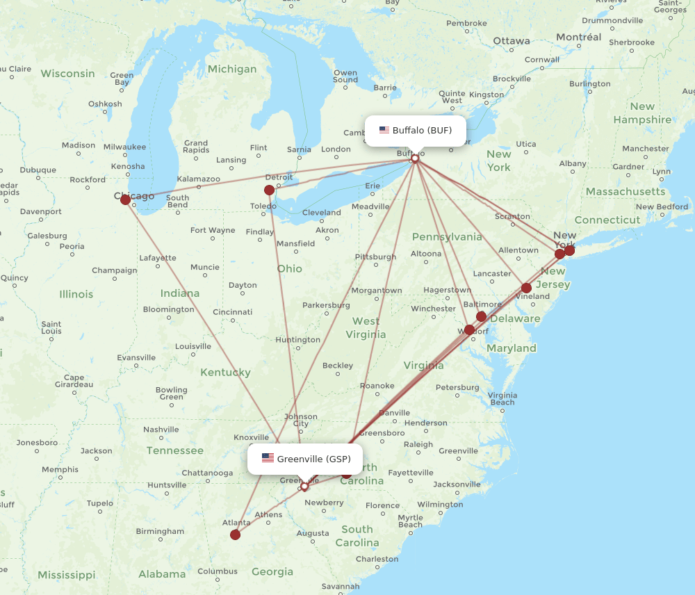 BUF to GSP flights and routes map