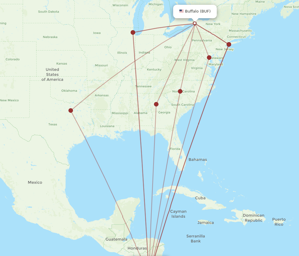 BUF to LIR flights and routes map