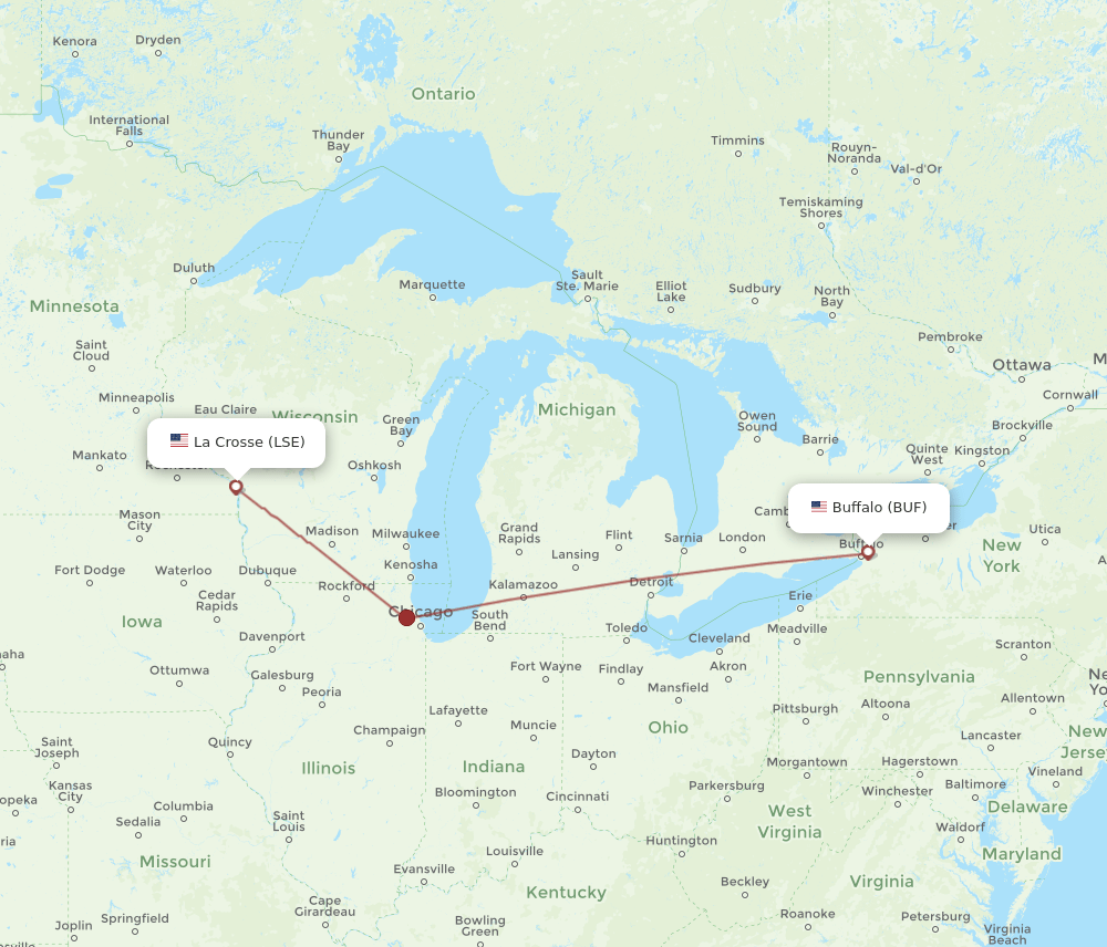 BUF to LSE flights and routes map