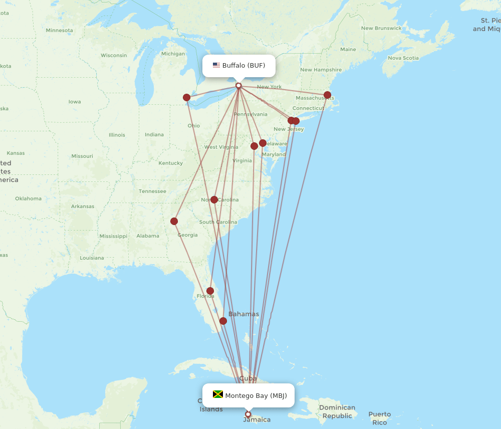 BUF to MBJ flights and routes map