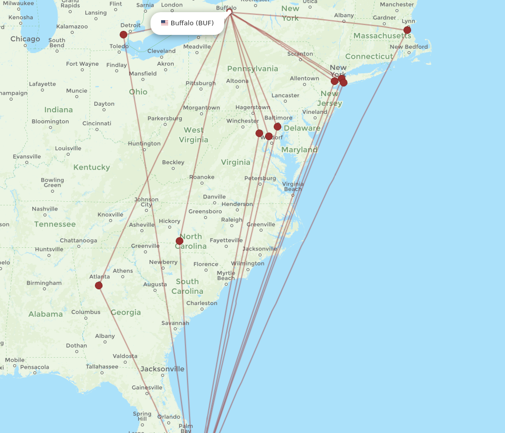 BUF to MIA flights and routes map