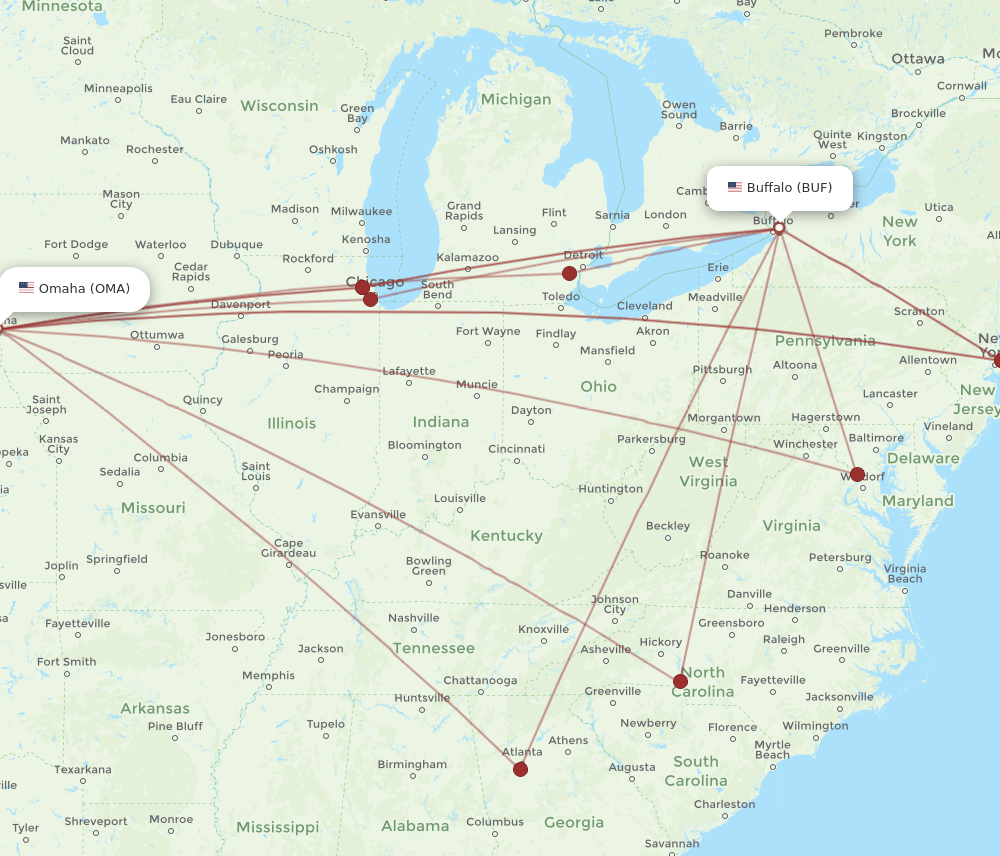 BUF-OMA flight routes