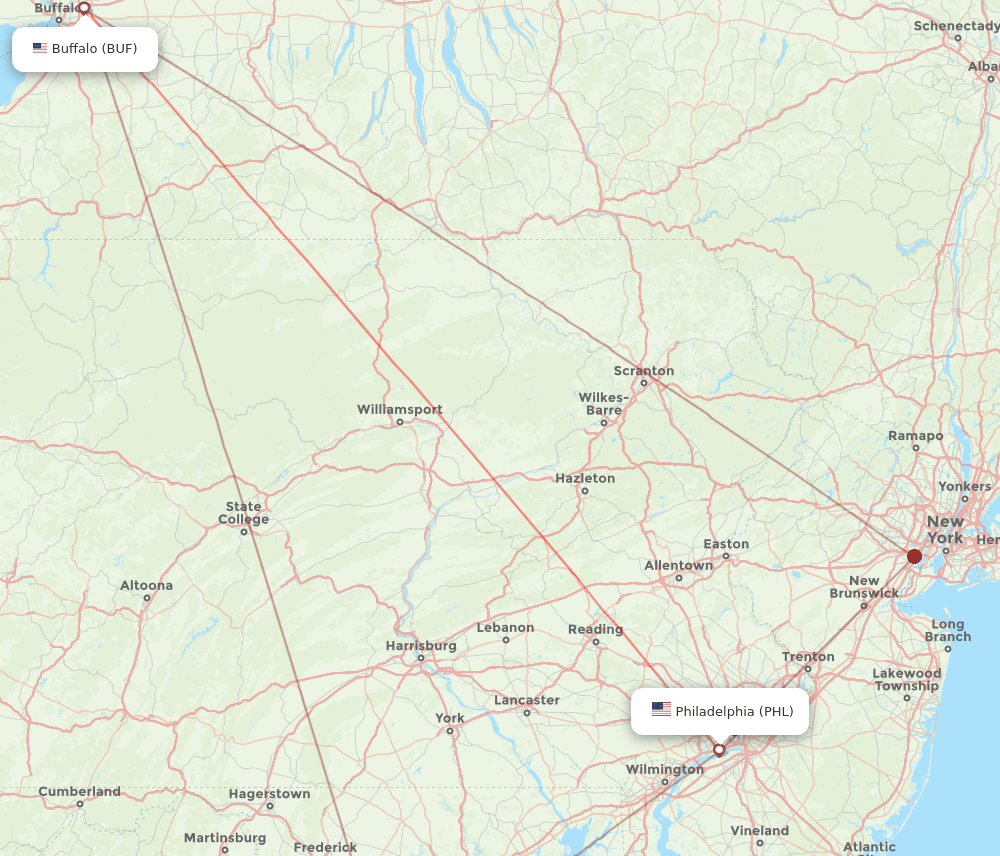 BUF to PHL flights and routes map