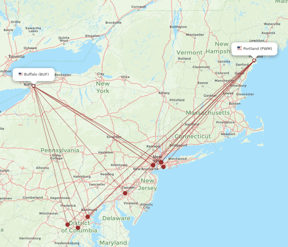BUF to PWM flights and routes map