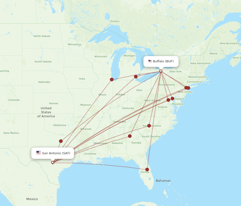 BUF to SAT flights and routes map