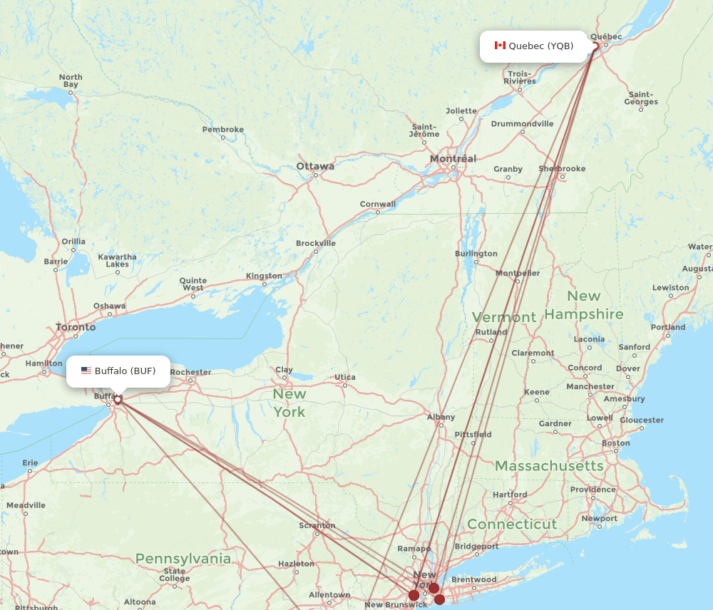 BUF to YQB flights and routes map