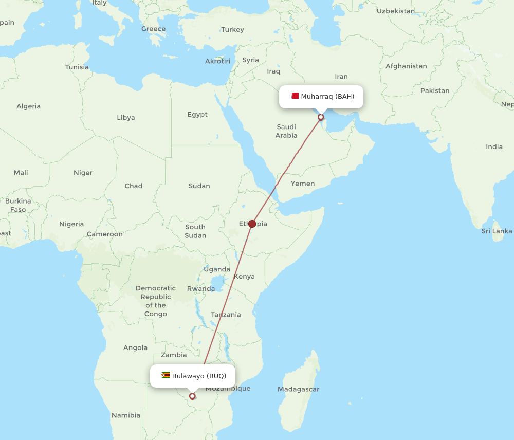 Bahrain - Bulawayo route map and flight paths