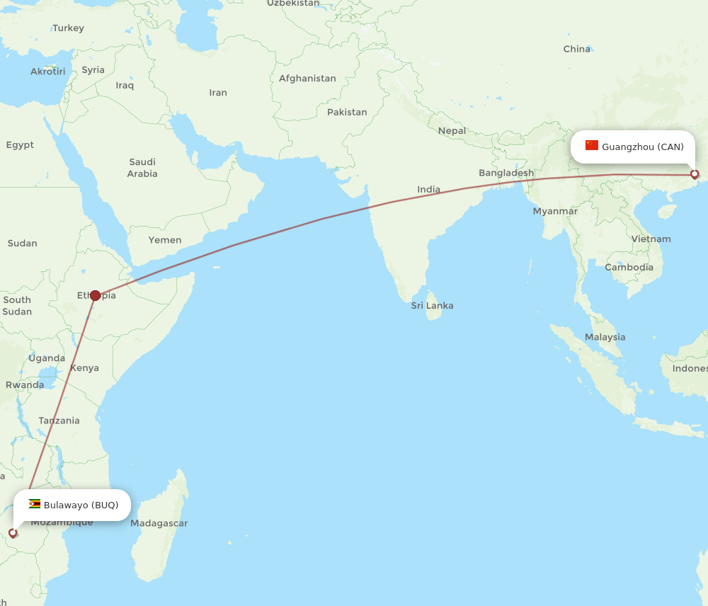 Guangzhou - Bulawayo route map and flight paths