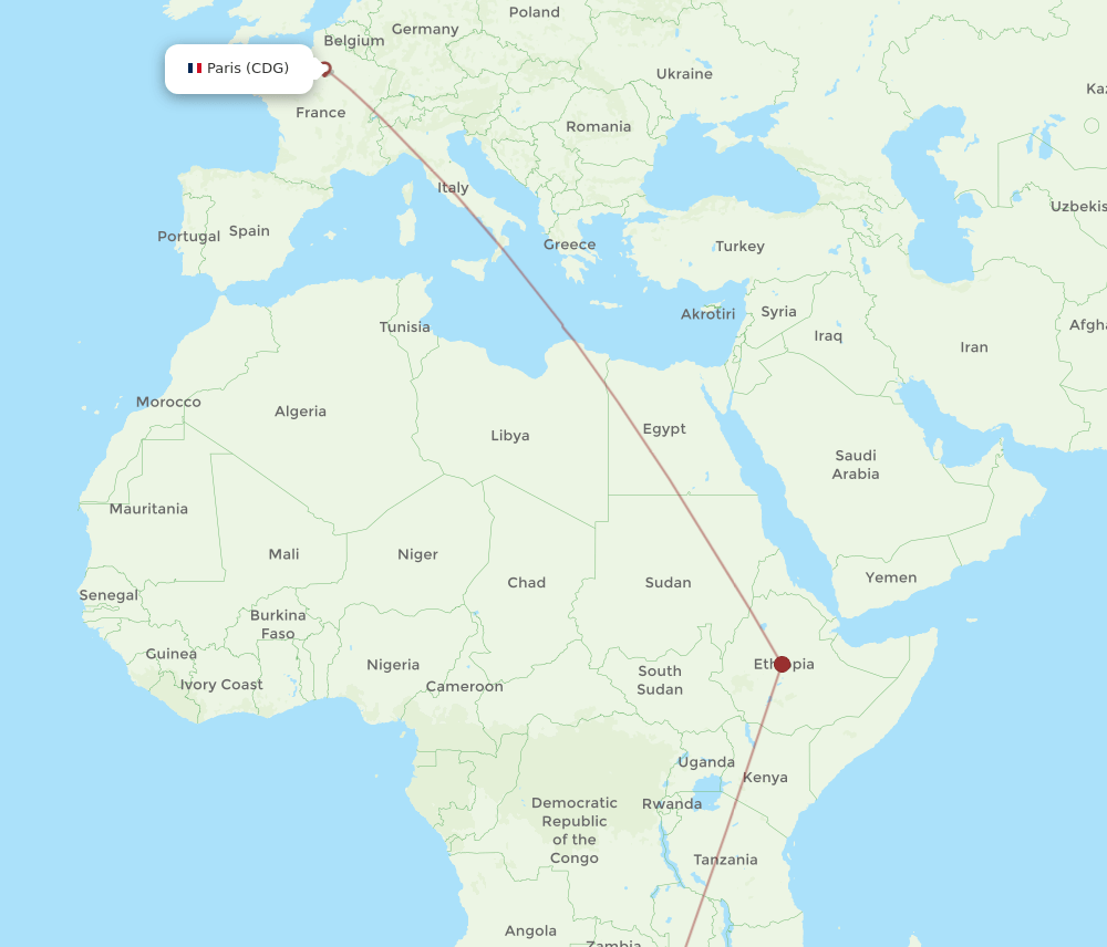 Paris - Bulawayo route map and flight paths